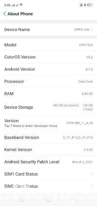 oppoA5s ram6 room 128